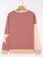 Contrast Star Patchwork Exposed Seam Uneven Hem Drop Shoulder Sweatshirt