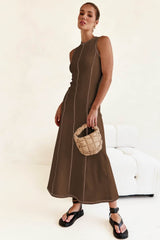 Contrast Stitching Maxi Tank Dress Brown / S