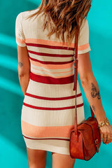 Contrast Striped Johnny Collar Short Sleeve Mini Dress