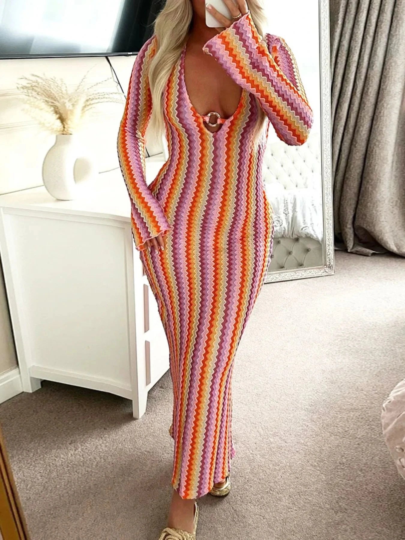 Contrast Striped Long Sleeve Maxi Dress