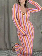 Contrast Striped Long Sleeve Maxi Dress