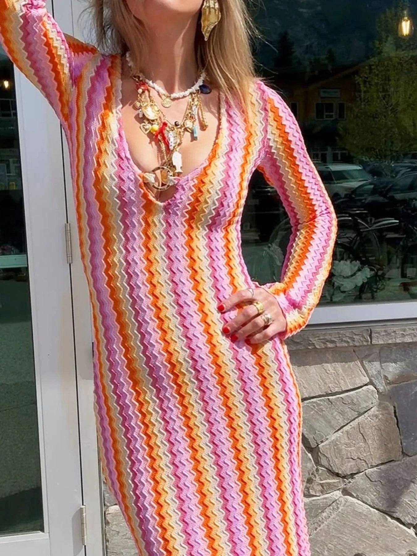 Contrast Striped Long Sleeve Maxi Dress