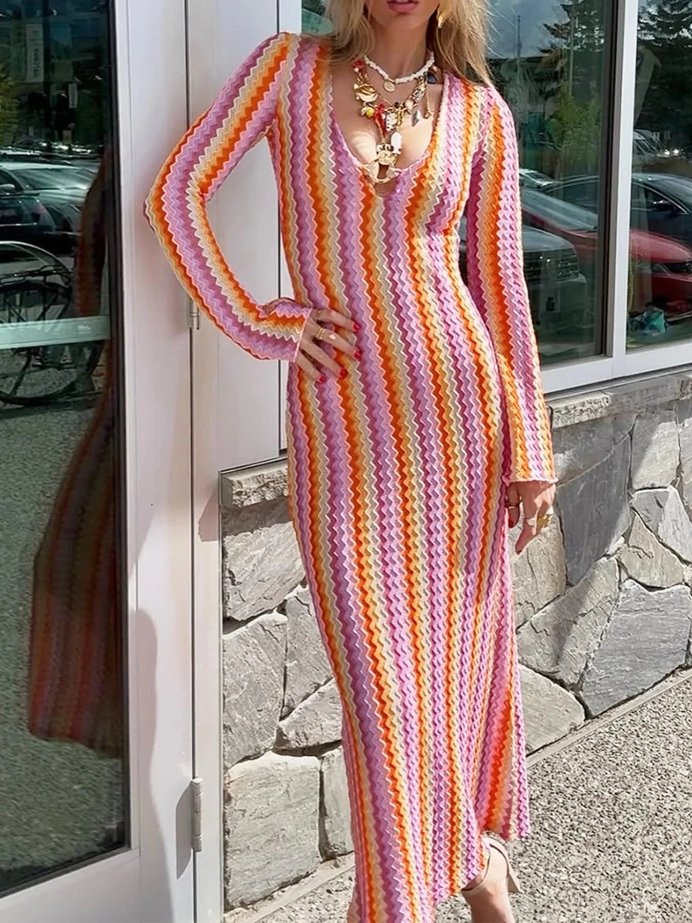 Contrast Striped Long Sleeve Maxi Dress Strawberry / S