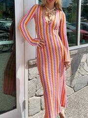 Contrast Striped Long Sleeve Maxi Dress Strawberry / S