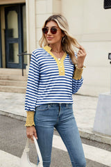 Contrast Striped Notched Long Sleeve Top Mustard / S