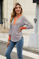 Contrast Striped Notched Long Sleeve Top Orange / S