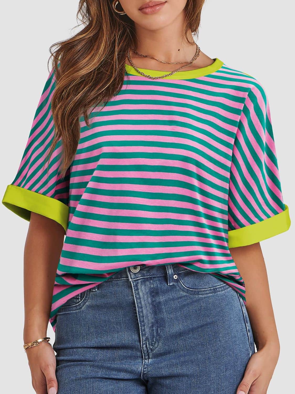 Contrast Striped Round Neck Half Sleeve T-Shirt Green/Pink / S