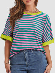 Contrast Striped Round Neck Half Sleeve T-Shirt Green/Pink / S