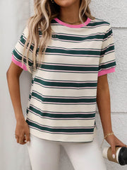 Contrast Striped Round Neck Short Sleeve T-Shirt