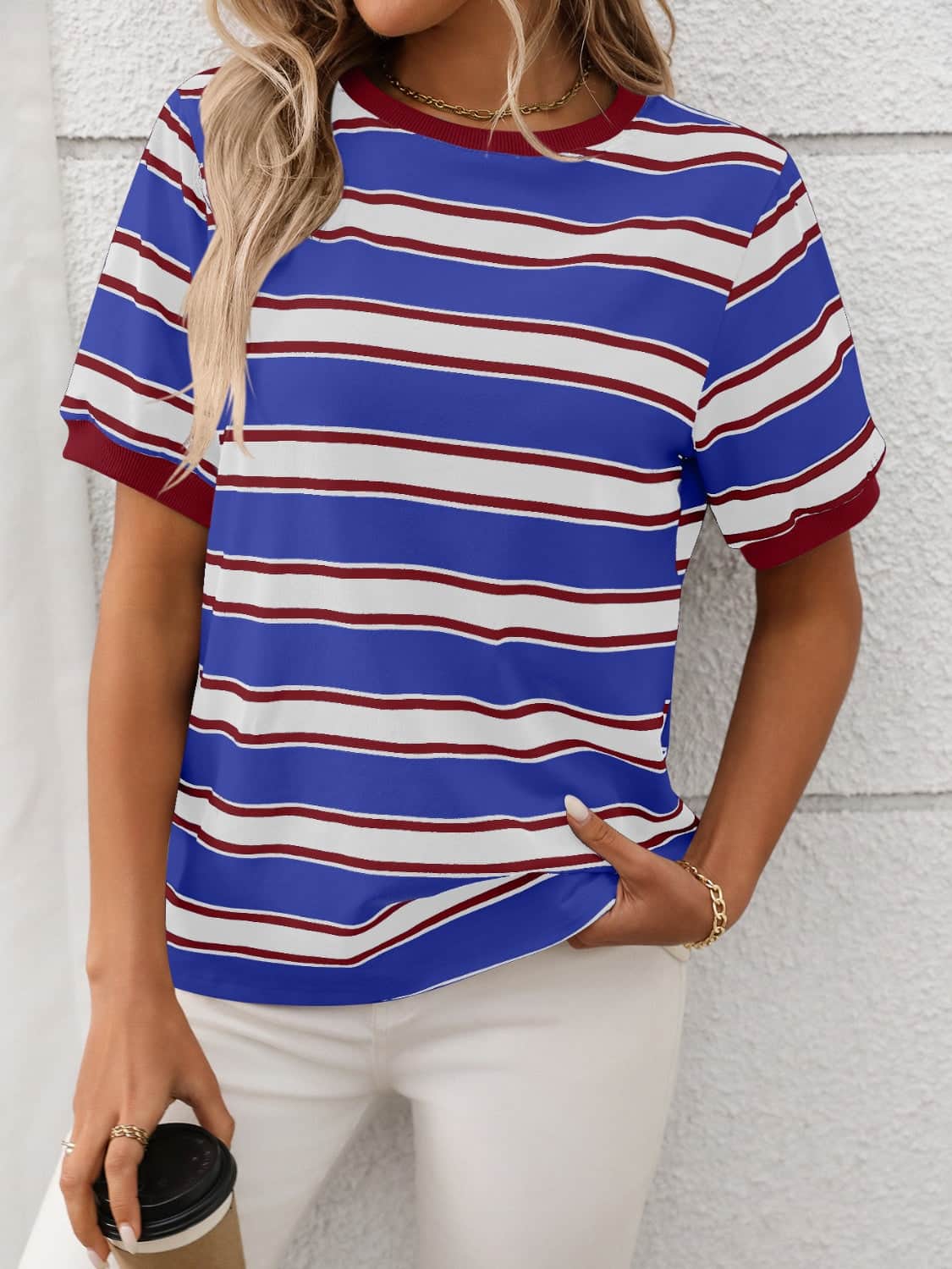 Contrast Striped Round Neck Short Sleeve T-Shirt
