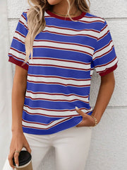 Contrast Striped Round Neck Short Sleeve T-Shirt