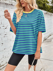 Contrast Striped Round Neck T-Shirt Teal / S