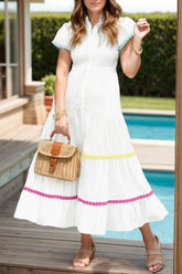 Contrast Trim Button Up Short Sleeve Dress White / S