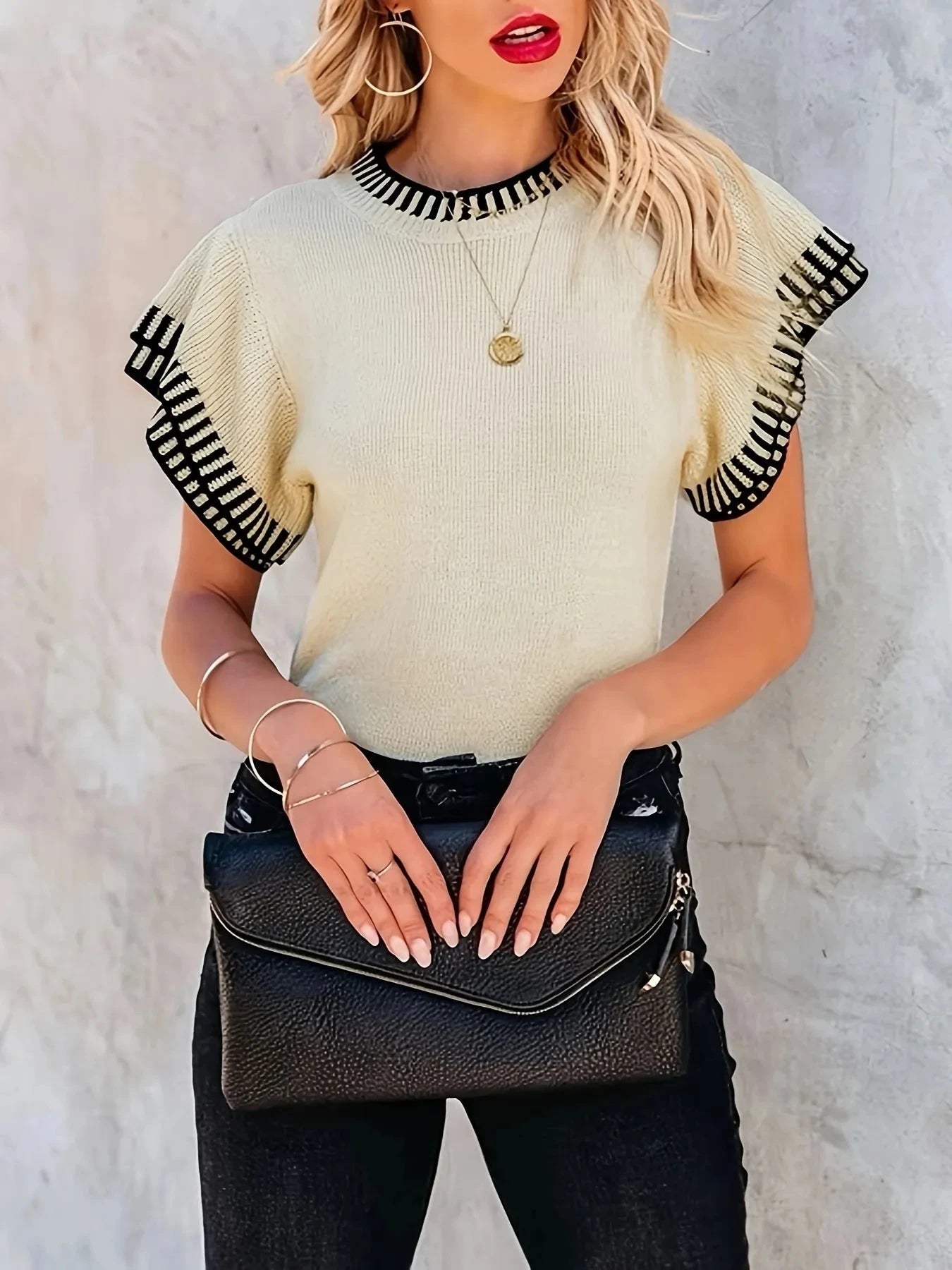 Contrast Trim Cap Sleeve Sweater