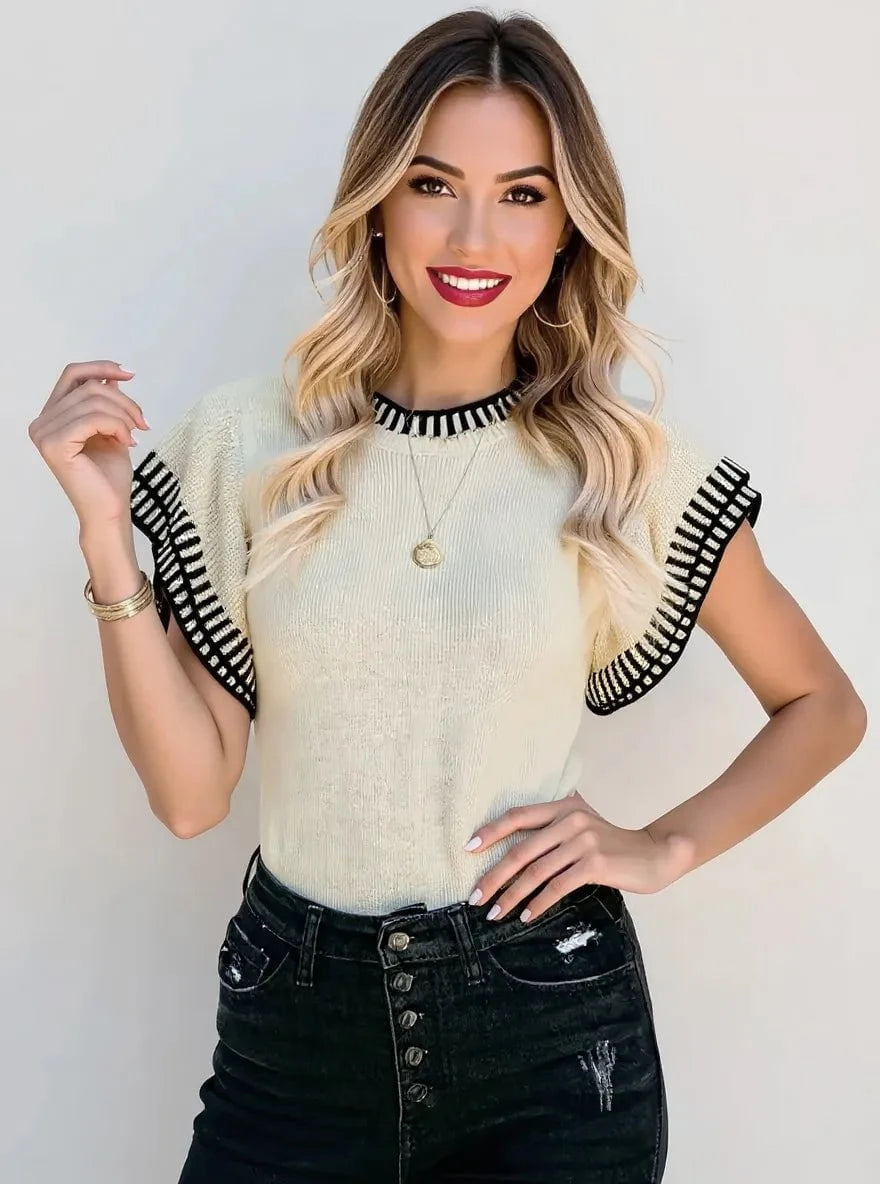 Contrast Trim Cap Sleeve Sweater Apricot / S