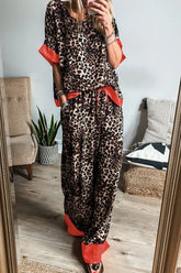 Contrast Trim Leopard Round Neck Top and Pants Lounge Set Leopard / S