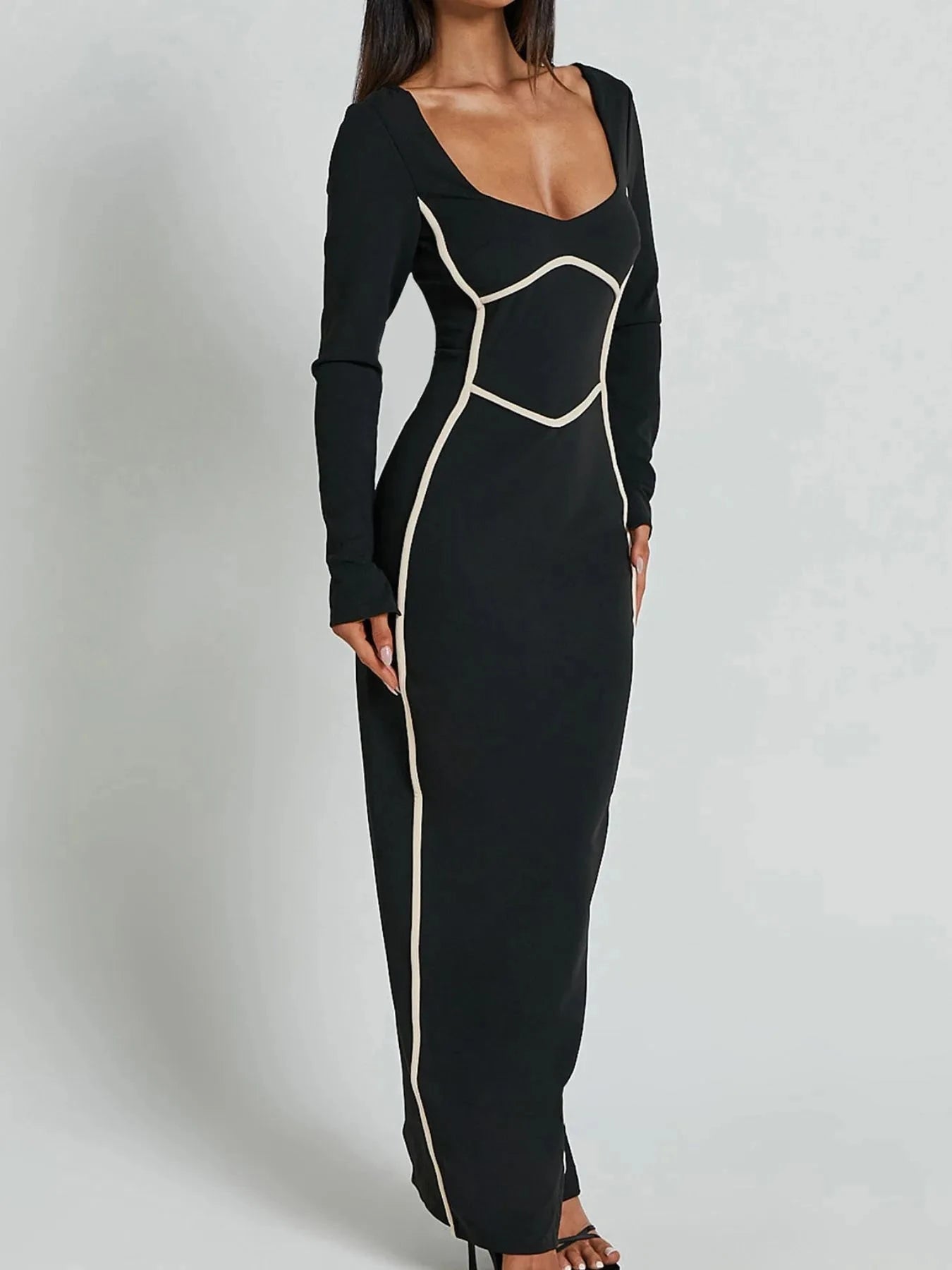 Contrast Trim Long Sleeve Bodycon Maxi Dress