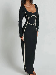 Contrast Trim Long Sleeve Bodycon Maxi Dress