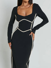 Contrast Trim Long Sleeve Bodycon Maxi Dress