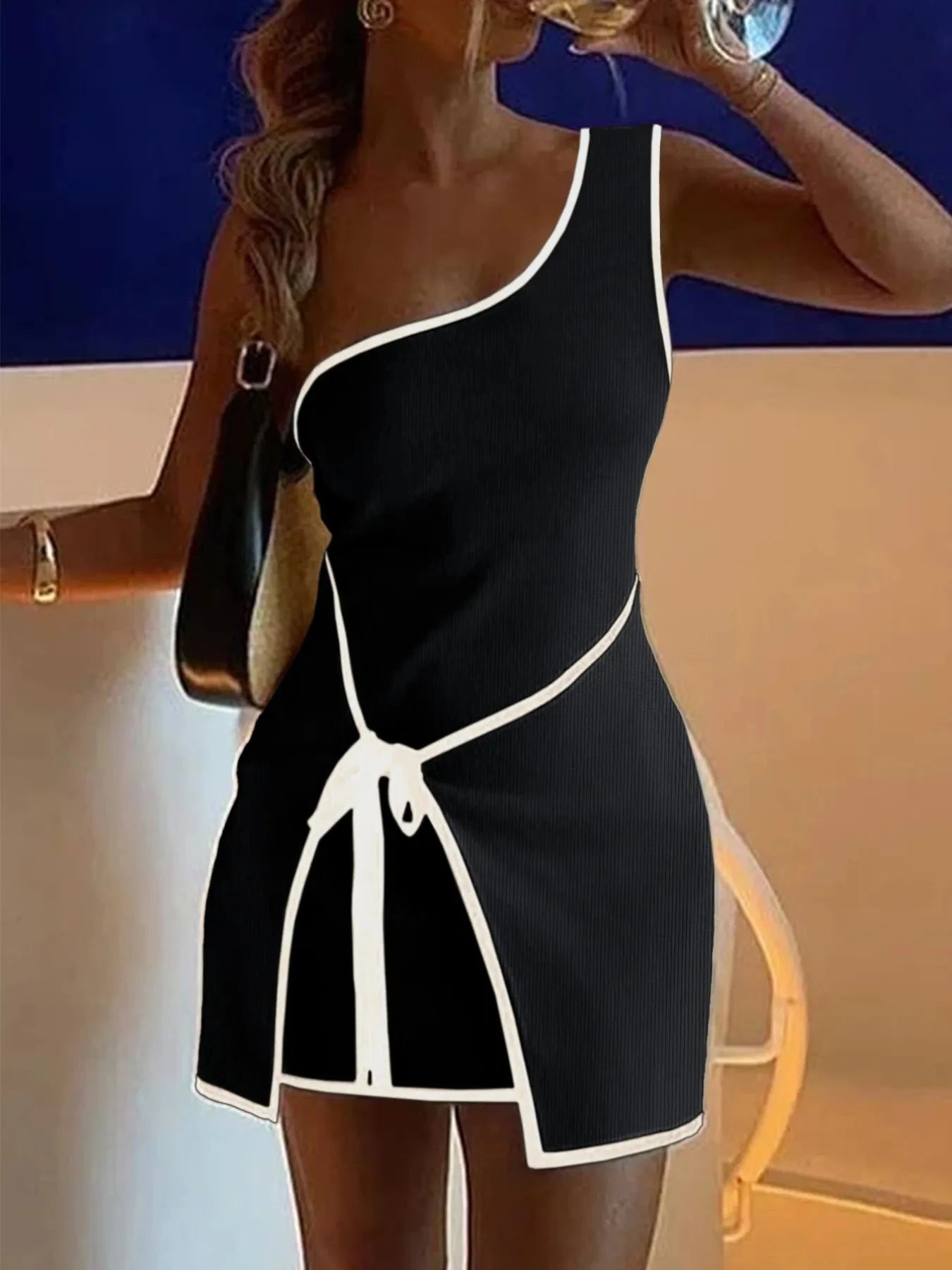 Contrast Trim Single Shoulder Mini Dress
