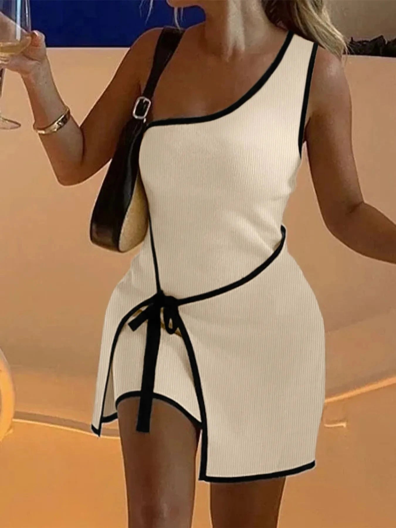 Contrast Trim Single Shoulder Mini Dress