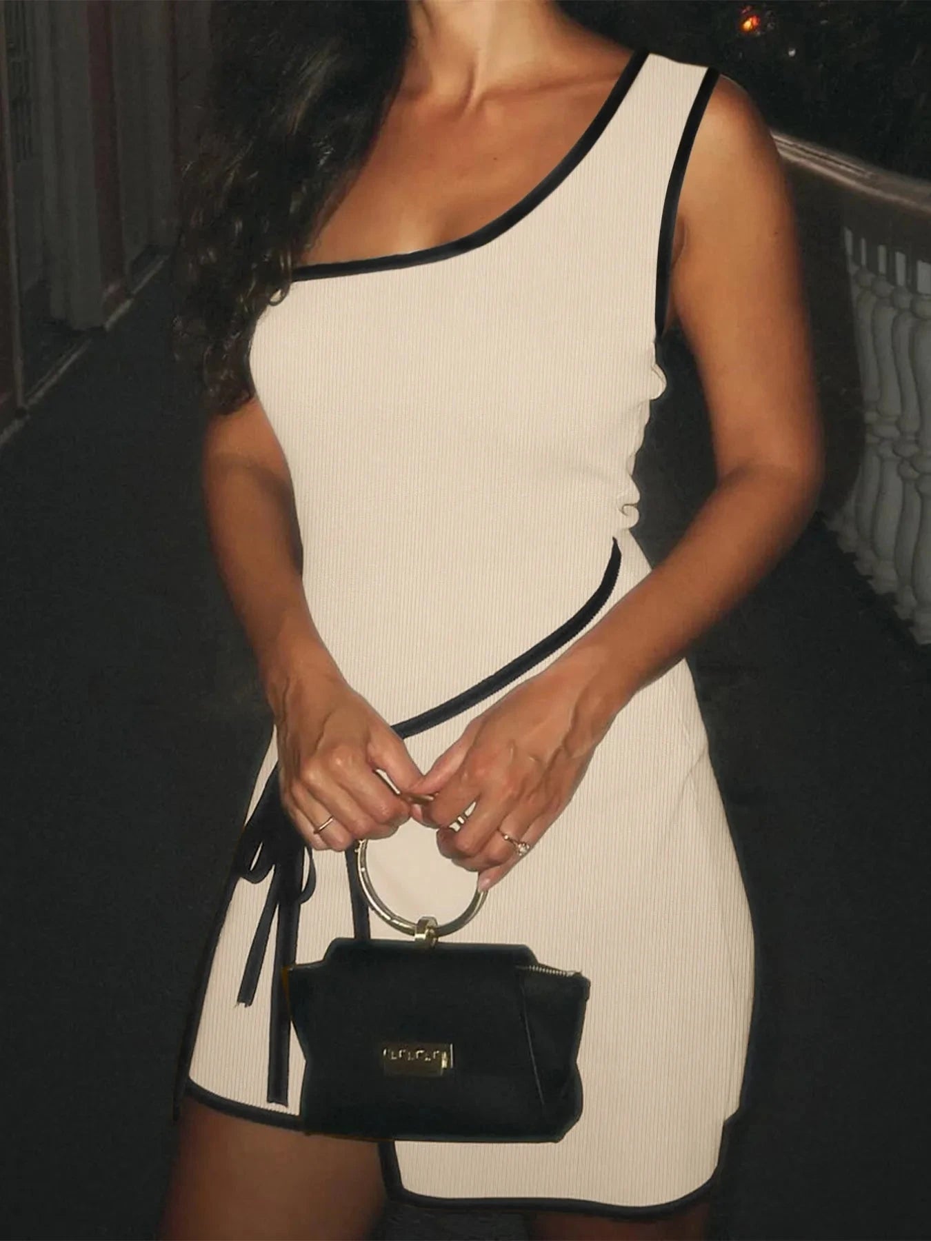 Contrast Trim Single Shoulder Mini Dress