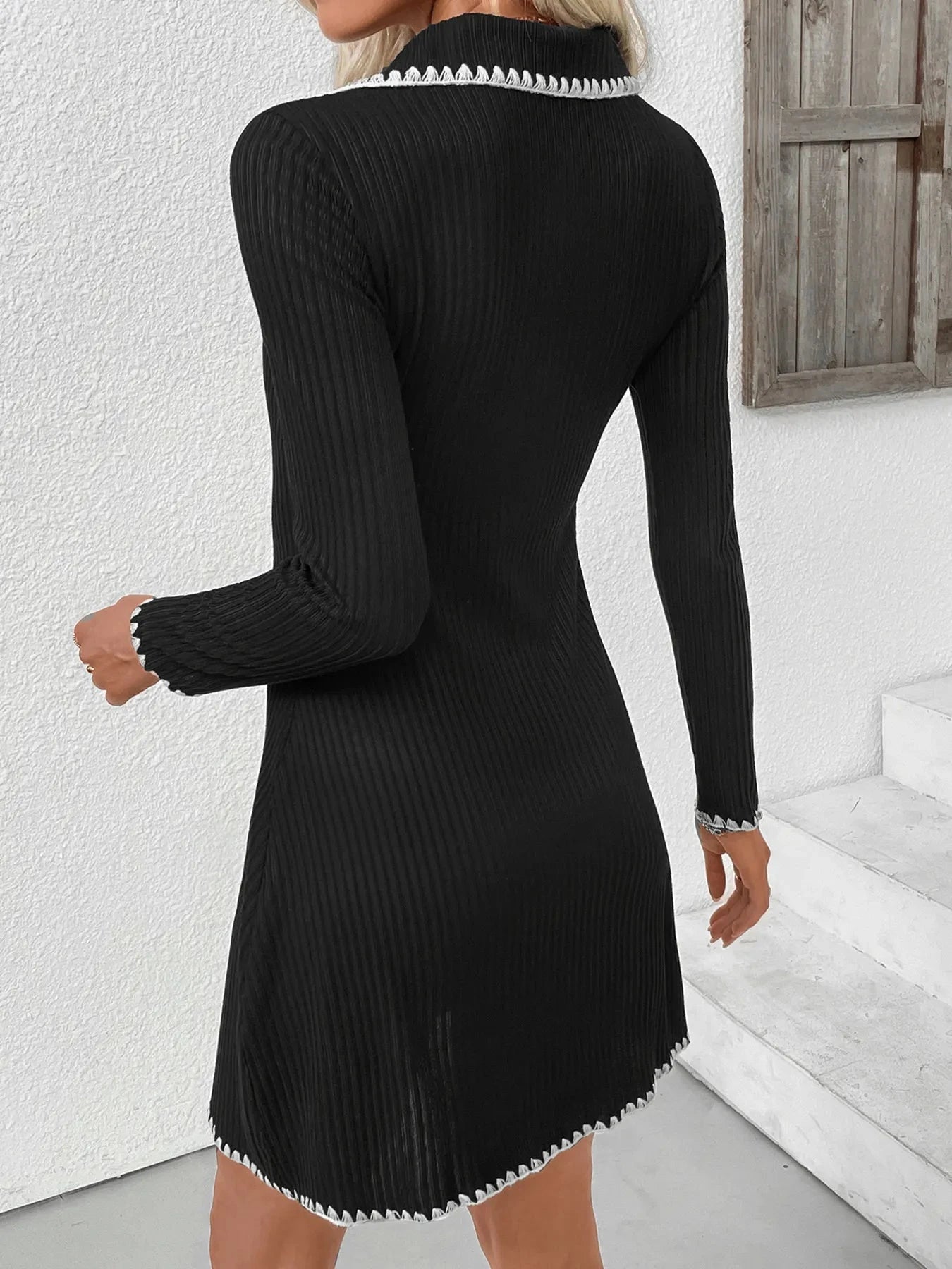 Contrast Trim Texture Long Sleeve Sweater Dress