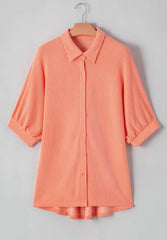 Corded Half Sleeve Button Up High Low Shirt