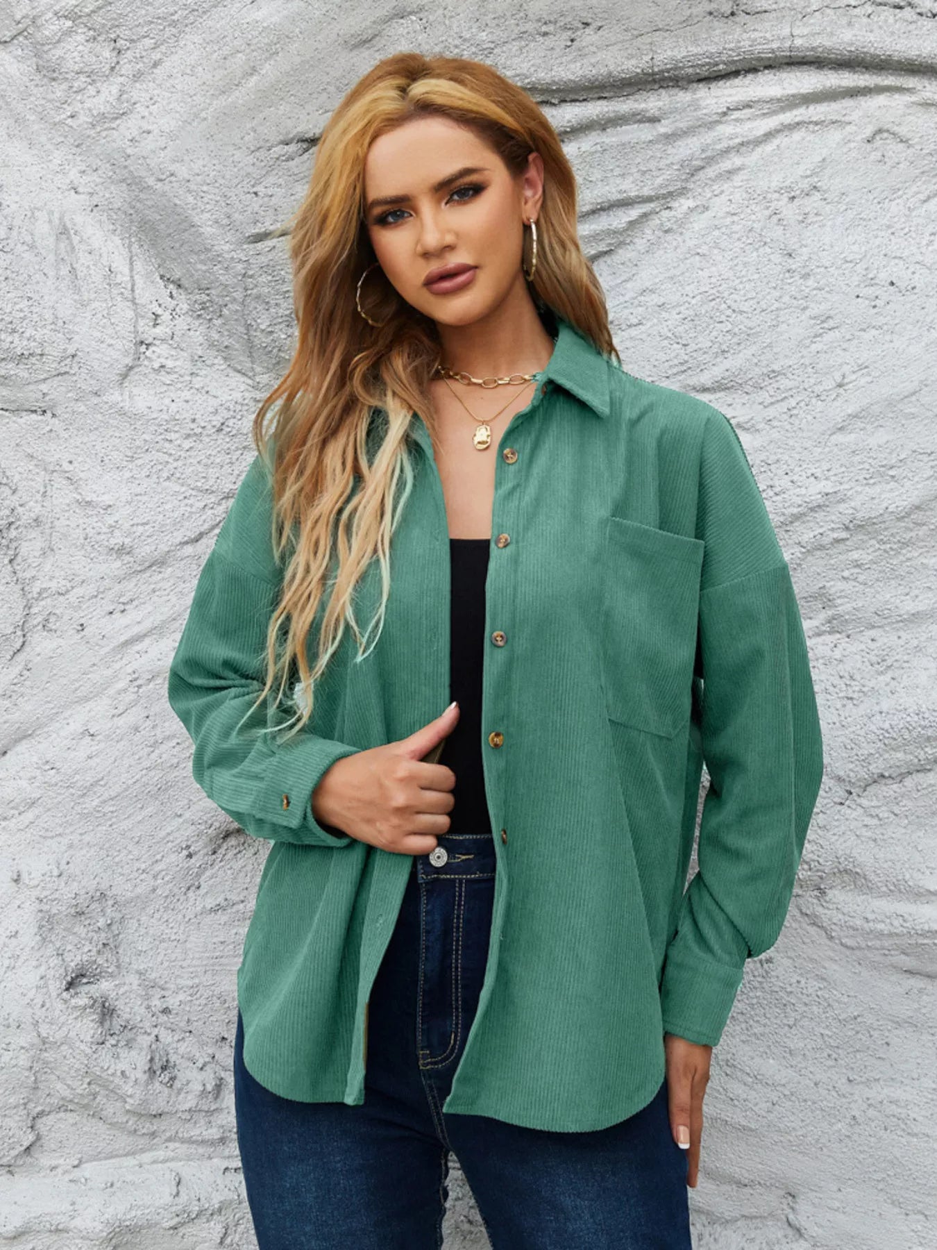 Corduroy Button-Up Shirt Peacock Green / S