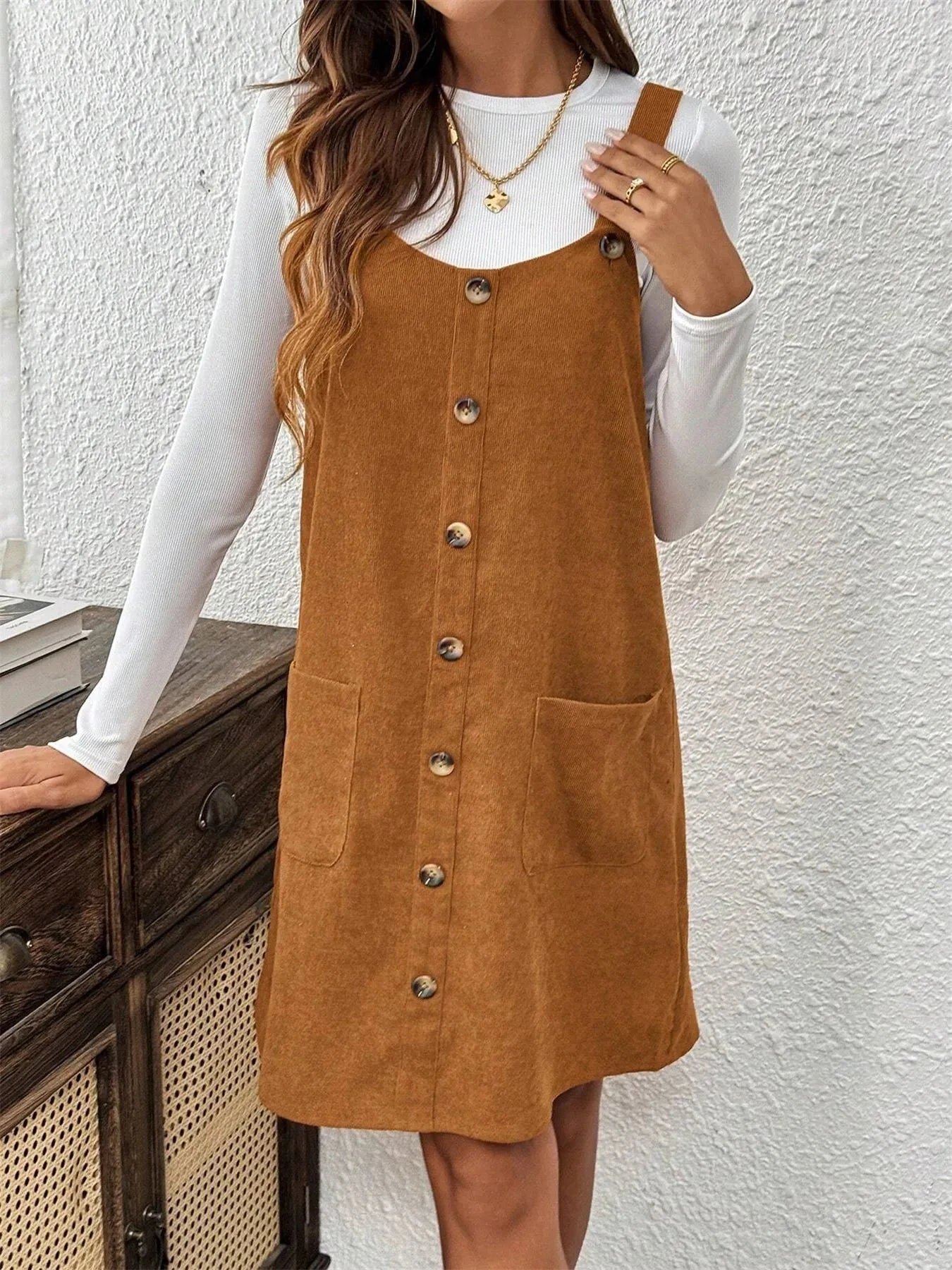 Corduroy Overall Dress with Pockets