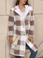 Cozy Plaid Fleece Longline Winter Coat Khaki / S
