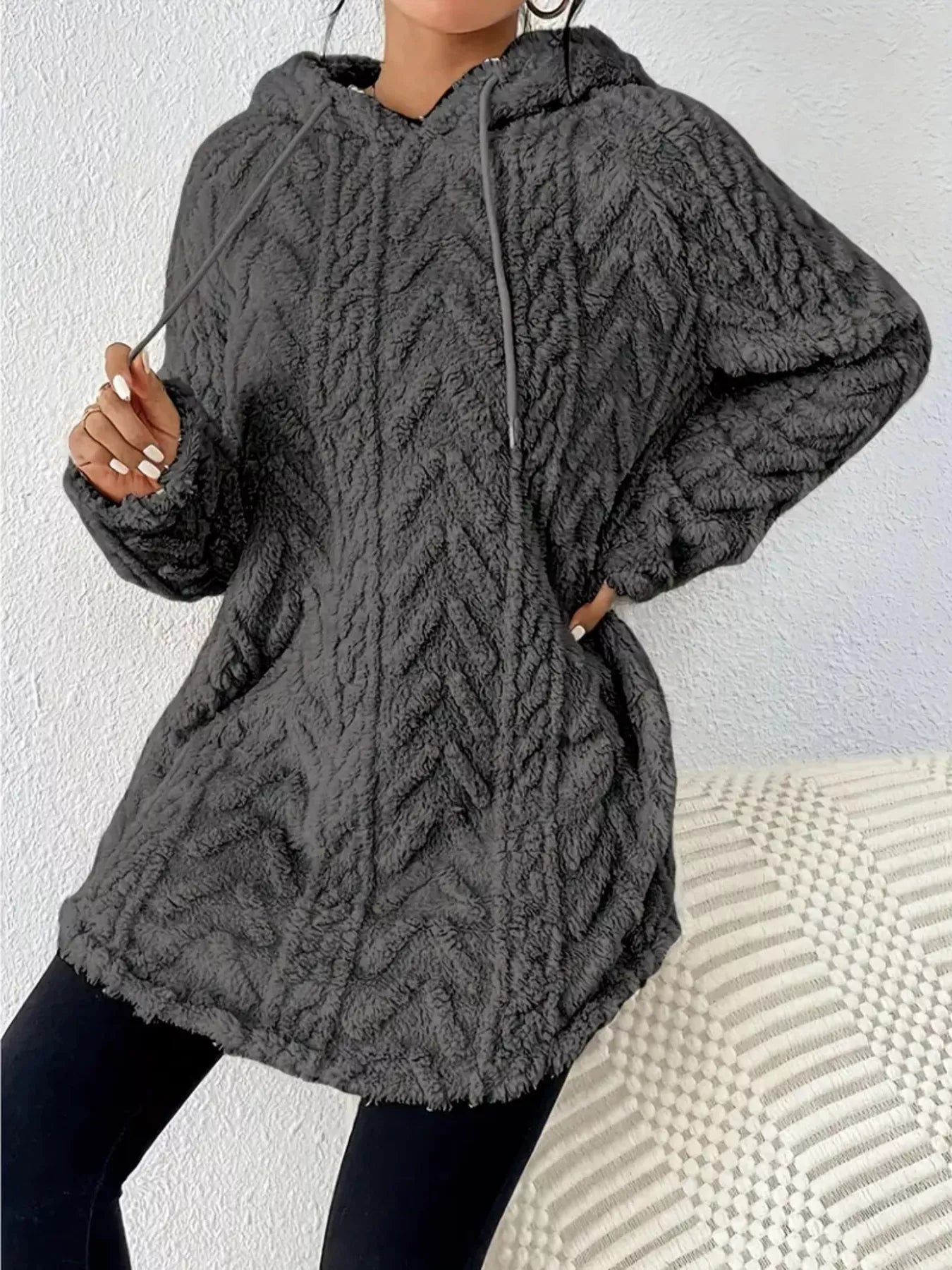 Cozy Textured Drawstring Fleece Hoodie