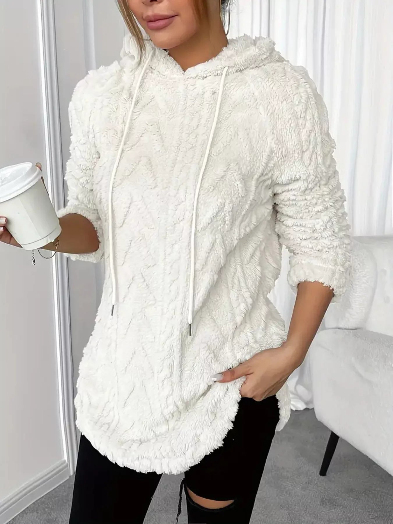 Cozy Textured Drawstring Fleece Hoodie