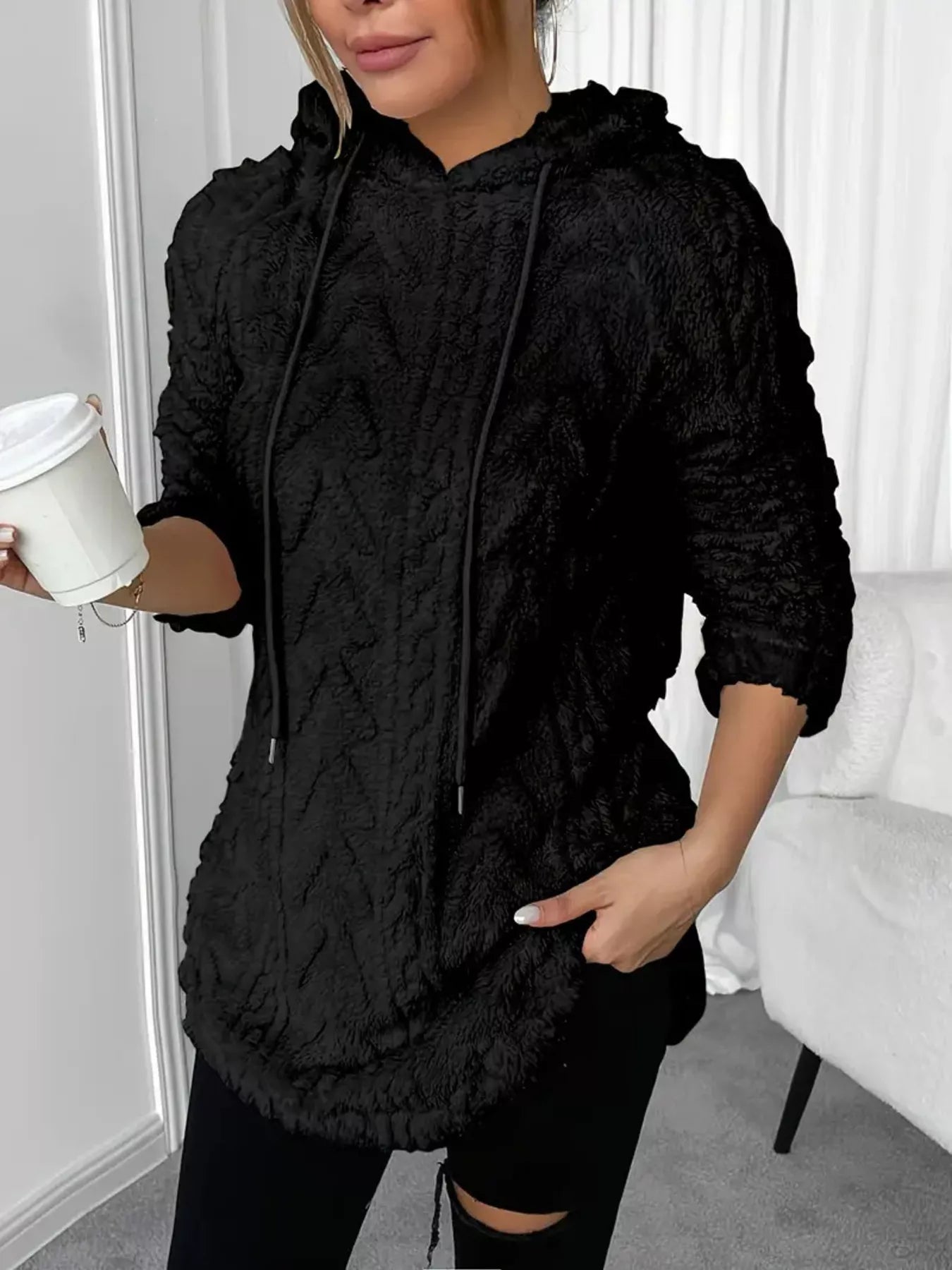 Cozy Textured Drawstring Fleece Hoodie
