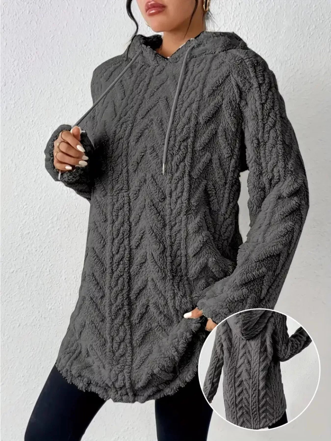 Cozy Textured Drawstring Fleece Hoodie Gray / S