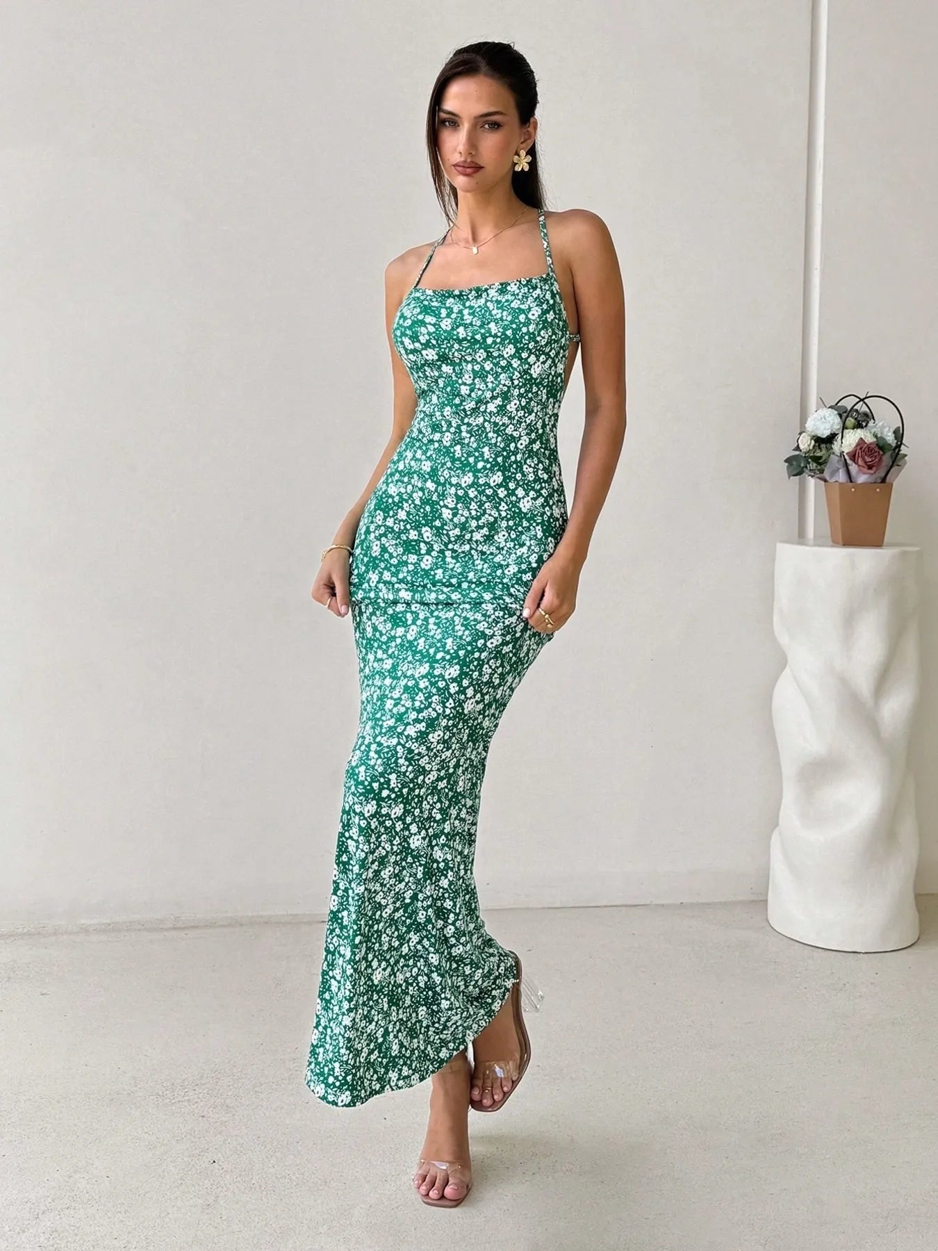 Crisscross Back Floral Print Bodycon Maxi Dress