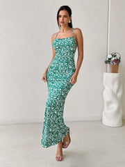 Crisscross Back Floral Print Bodycon Maxi Dress
