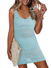 Crochet Knit Cover-Up Dress with Side Slit Blue / S