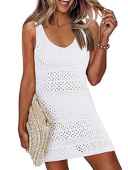 Crochet Knit Cover-Up Dress with Side Slit White / S
