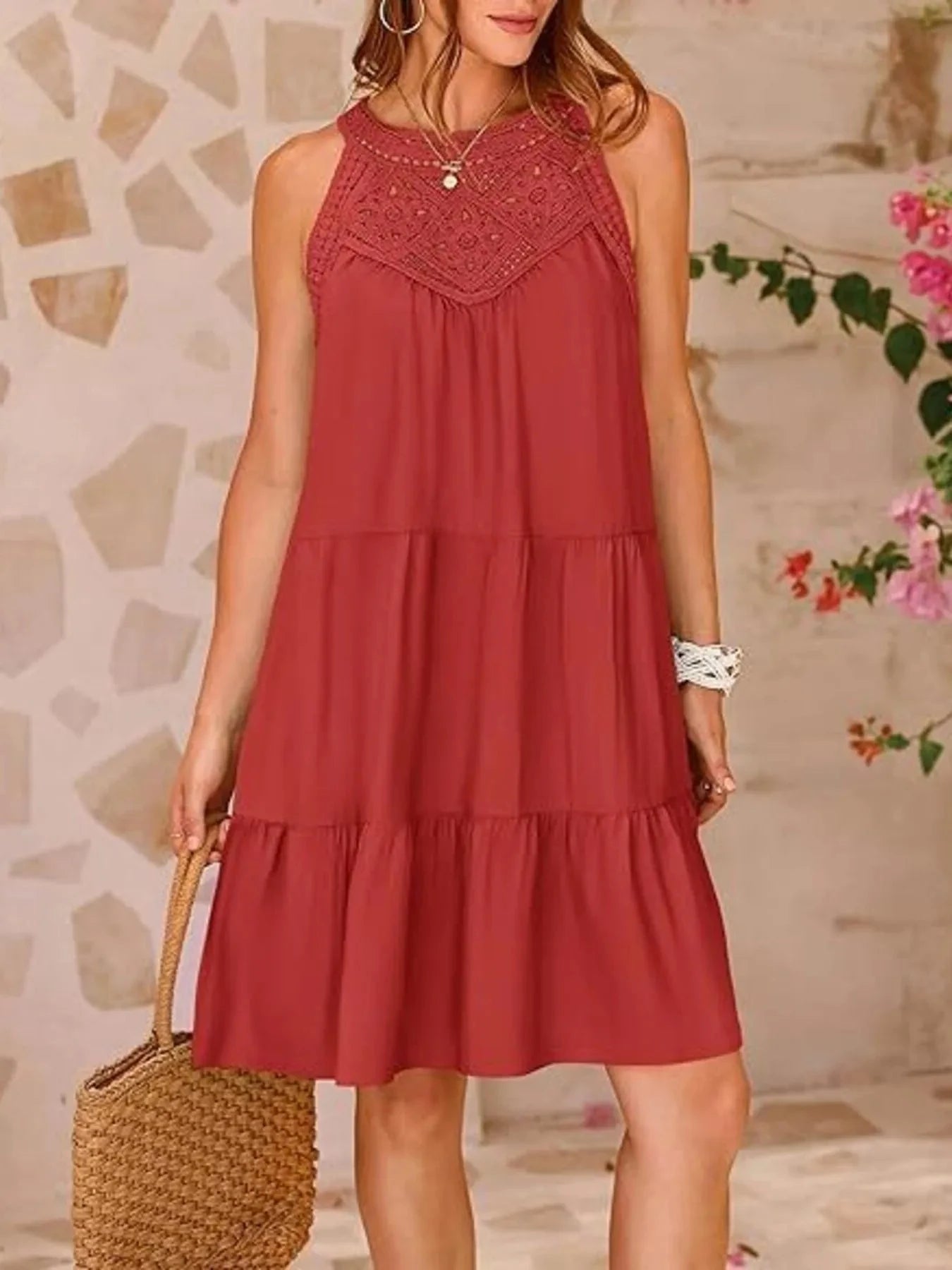 Crochet Lace Tiered Summer Dress Brick Red / S