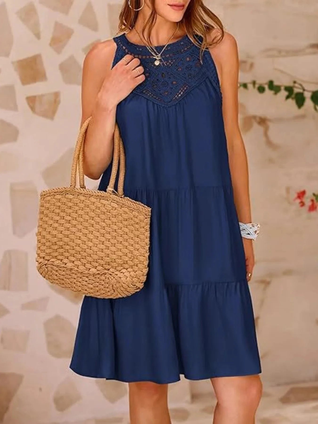 Crochet Lace Tiered Summer Dress Navy Blue / S