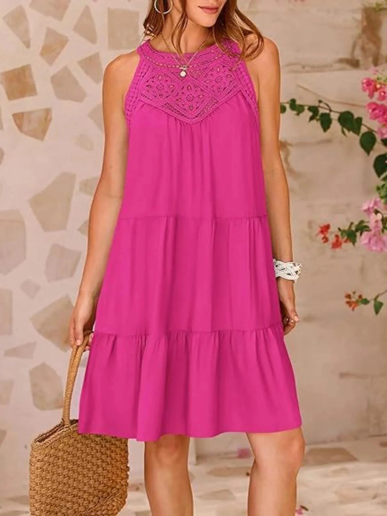 Crochet Lace Tiered Summer Dress Rose / S