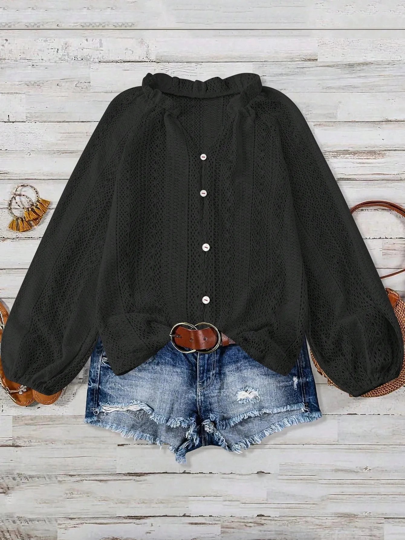 Crochet Notched Button-Front Shirt