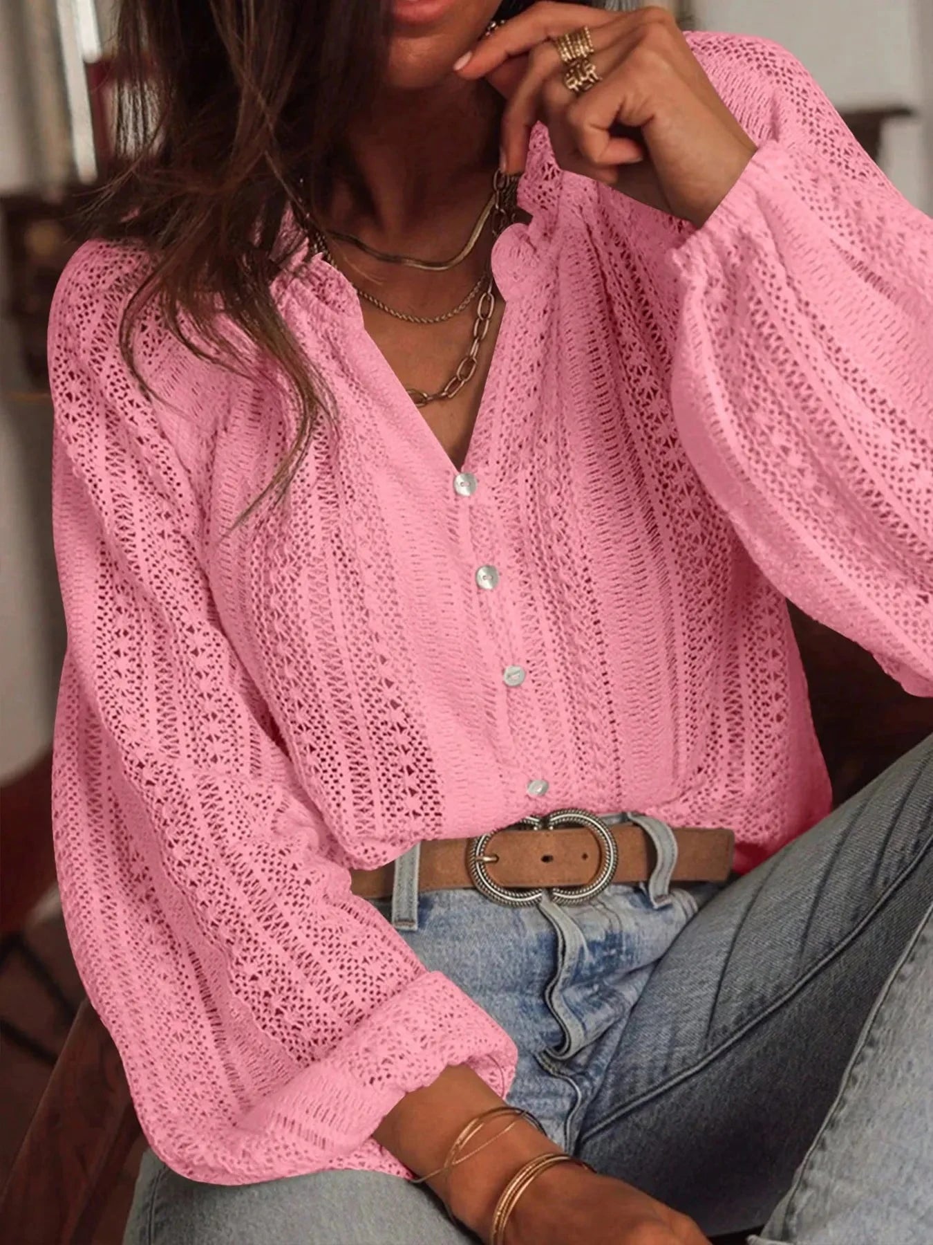 Crochet Notched Button-Front Shirt Pink / S