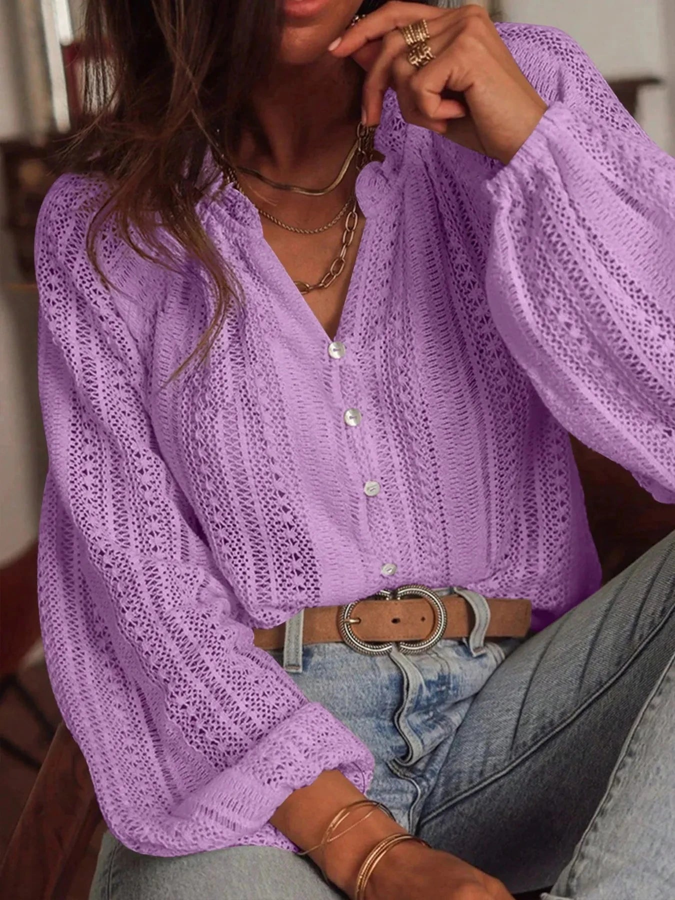 Crochet Notched Button-Front Shirt Purple / S