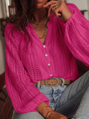 Crochet Notched Button-Front Shirt Rose Red / S