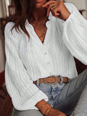 Crochet Notched Button-Front Shirt White / S