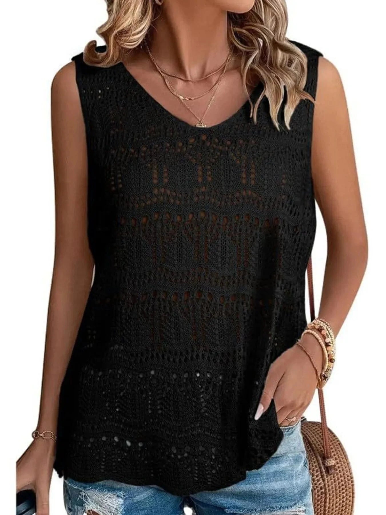 Crochet Sleeveless Sweater Vest Black / S