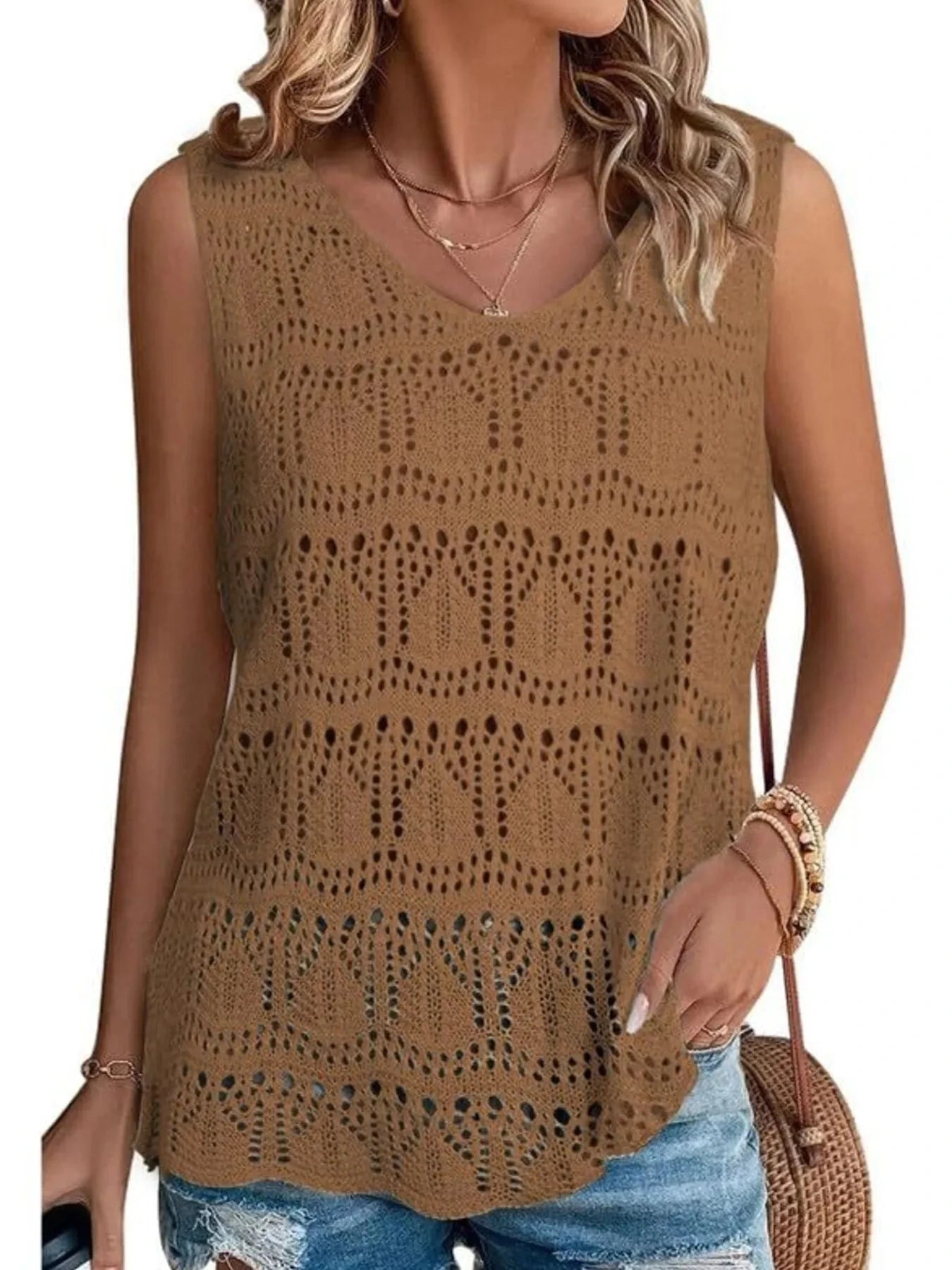 Crochet Sleeveless Sweater Vest Brown / S