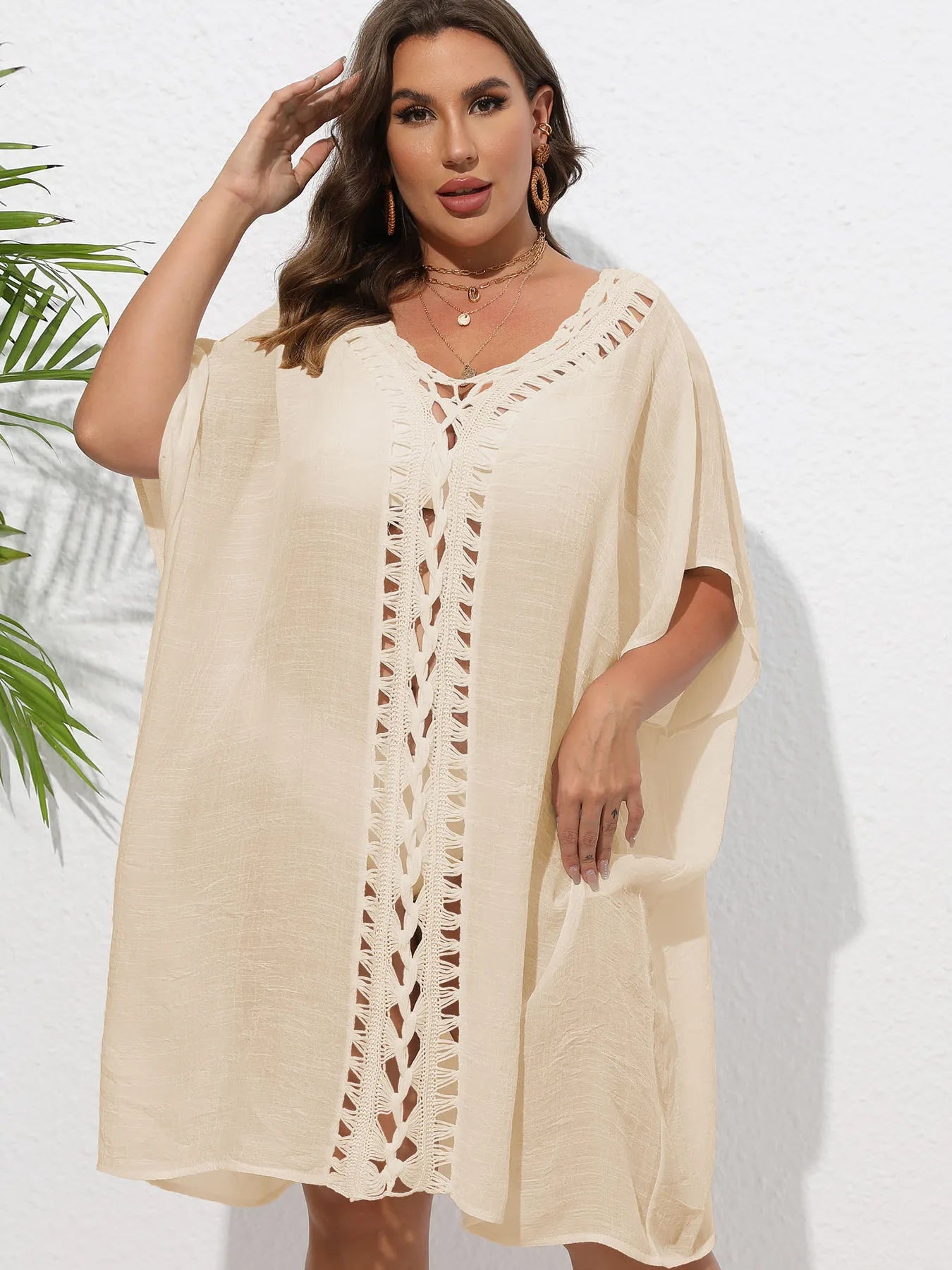 Crochet Trim V-Neck Beach Cover Up Dress Apricot / One Size
